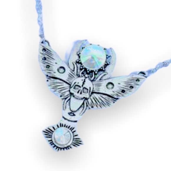 New Stainless Steel Butterfly Skull Rainbow Gemstone Pendant Necklace - Picture 3 of 10
